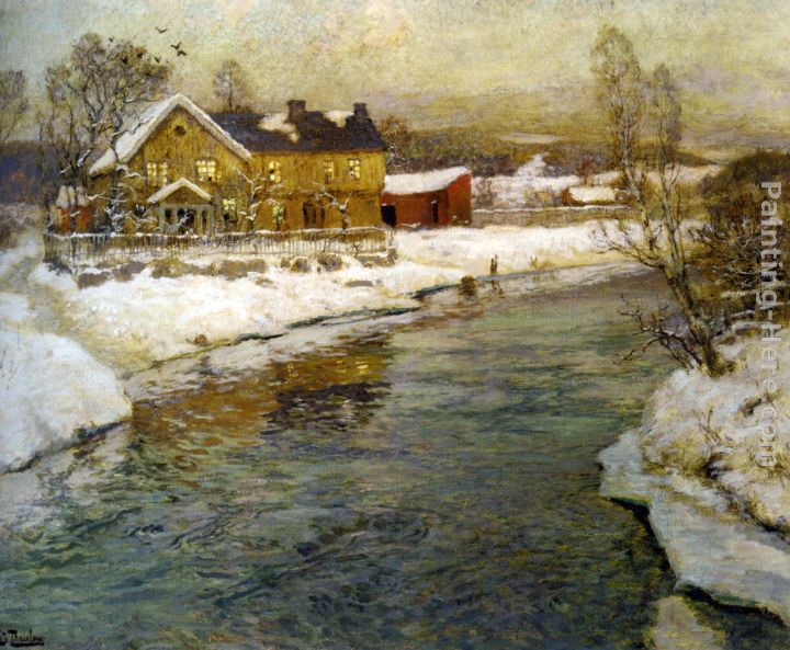 Cottage by a Canal in the Snow painting - Fritz Thaulow Cottage by a Canal in the Snow art painting